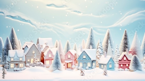  old fashioned pastel colors christmas village in the snow. Winter village landscape. Celebrate the Christmas and New Year holidays Christmas card. Christmas concept © XC Stock