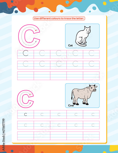 C alphabet tracing practice worksheet. Educational coloring book page with outline vector illustration for preschool