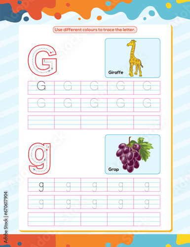 G alphabet tracing practice worksheet. Educational coloring book page with outline vector illustration for preschool