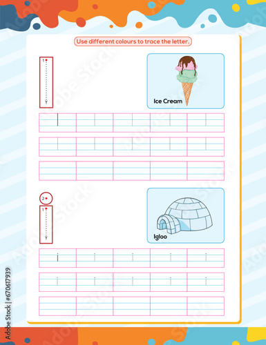 I alphabet tracing practice worksheet. Educational coloring book page with outline vector illustration for preschool