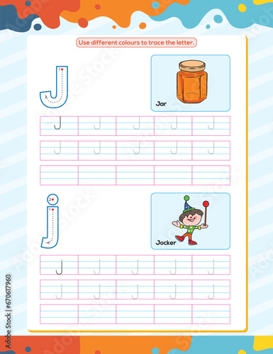 J alphabet tracing practice worksheet. Educational coloring book page with outline vector illustration for preschool
