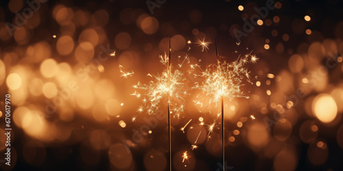 Happy New Year, Glittering burning sparkler against blurred bokeh light background, Copy space, generative ai photo