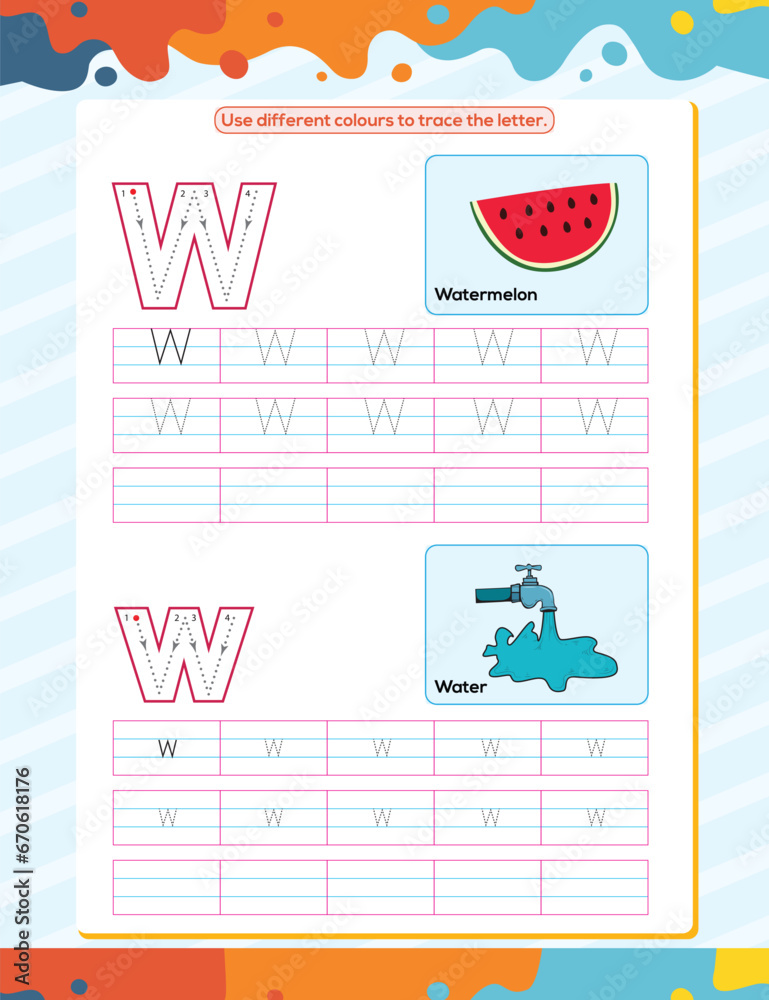 W alphabet tracing practice worksheet. Educational coloring book page with outline vector illustration for preschool