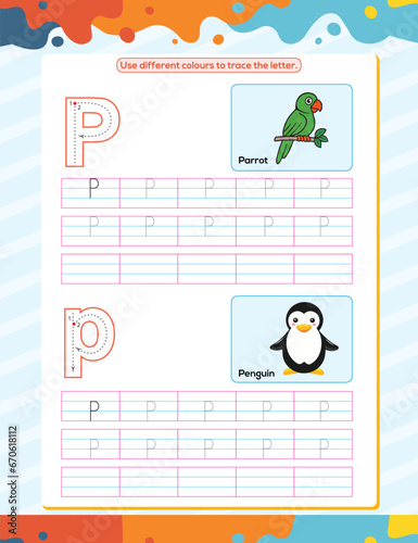 P alphabet tracing practice worksheet. Educational coloring book page with outline vector illustration for preschool