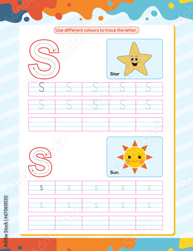 S alphabet tracing practice worksheet. Educational coloring book page with outline vector illustration for preschool