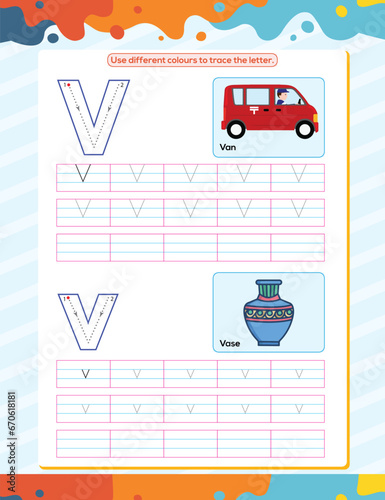 V alphabet tracing practice worksheet. Educational coloring book page with outline vector illustration for preschool