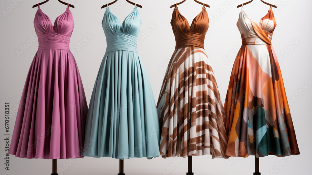 dresses hanging on a hangers, four dresses haute cautere with different patterns isolated on white background dresses hanging on a hangers, four dresses haute cautere with different patterns isolated on white background