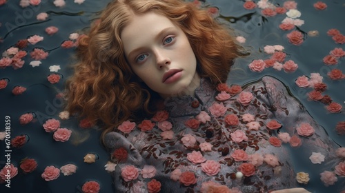 Young woman lying in water, floating flower petals, floral scene, surreal   photo