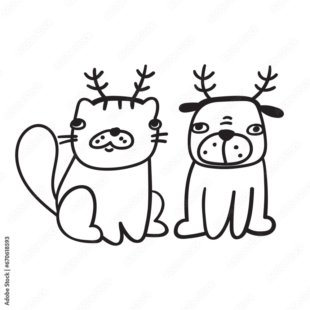 Puppy and kitty. Concept about volunteer. Vector outline illustration Puppy and kitty. Concept about volunteer. Vector outline illustration