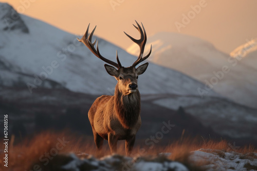 Majestic red deer stag in winter landscape with snow covered mountain peaks © Ahsan ullah