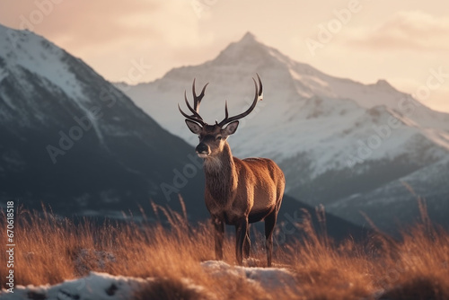 Majestic red deer stag in winter landscape with snow covered mountain peaks © Ahsan ullah