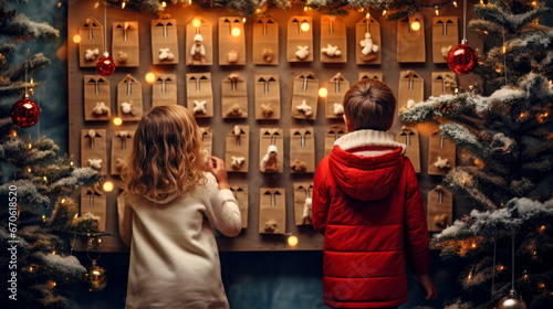 Christmas Advent calendar hanging in a public place is opened by curious children  rear view