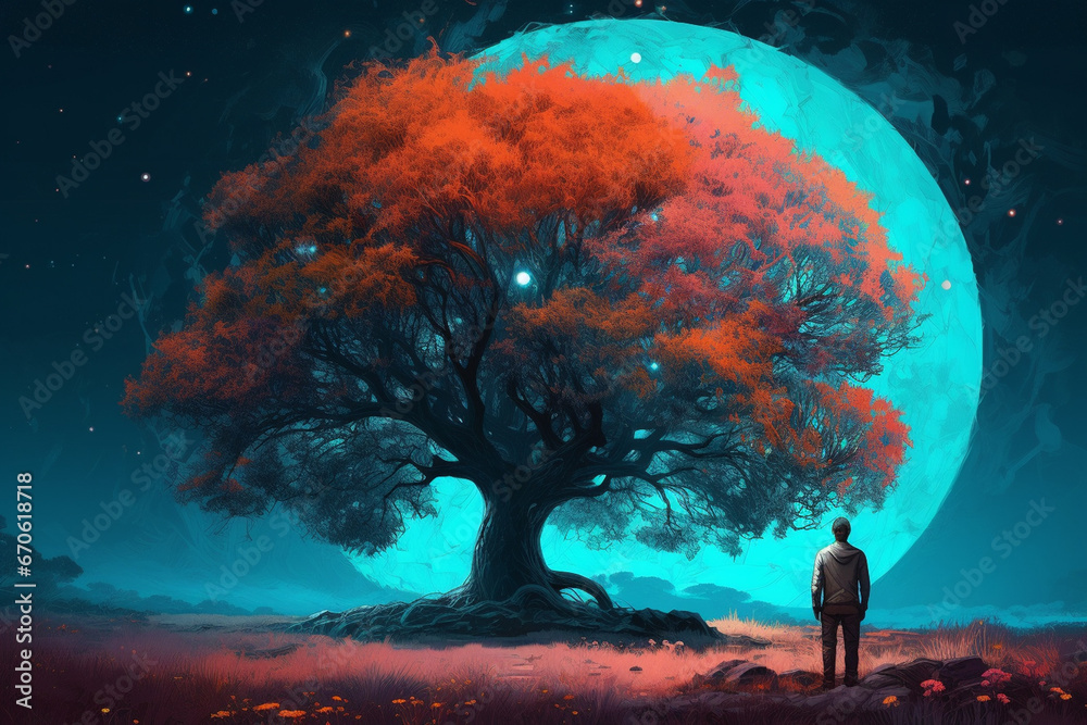 Fantasy landscape with a big tree and a man looking at the full moon Fantasy landscape with a big tree and a man looking at the full moon
