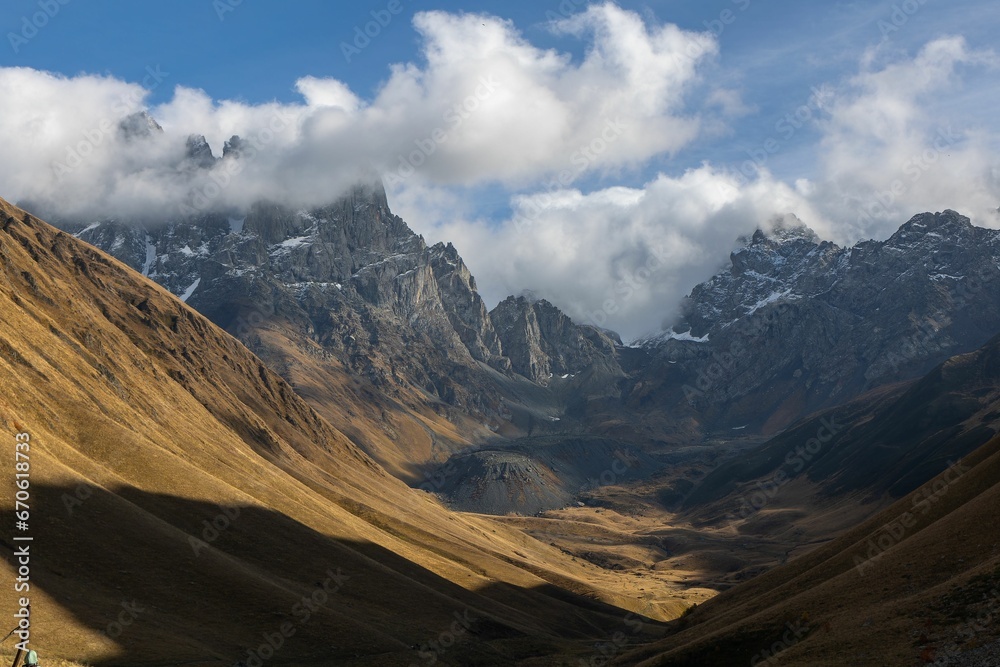 Beautiful shot of scenic views around Mount Chaukhi, village of Juta, Georgia