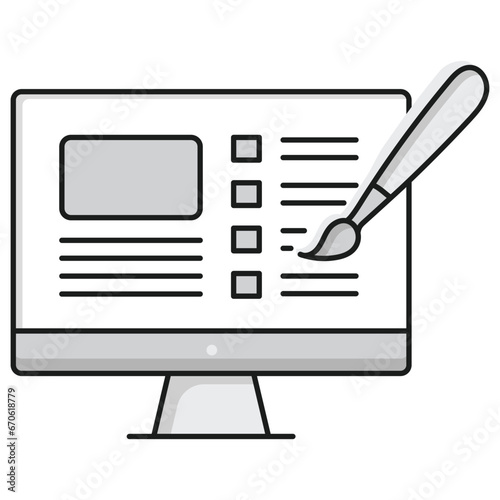 A pc screen icon with options and a brush, representing computer editing, image editing, photo editing, design software, and creative software.