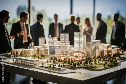 Innovative Business Building Project A Collaborative Team of Real Estate Developers, Architects, and Businessmen Work on a Complex Scale Model in Office. created with Generative AI