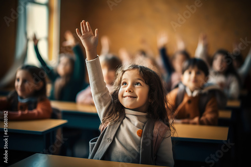 Engaged Students in Classroom Children Raise Their Hands to Answer, Embracing the Back to School Spirit. created with Generative AI
