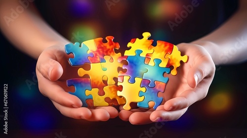 Hands connecting colorful puzzle pieces on dark background, teamwork concept, Generative AI illustrations.