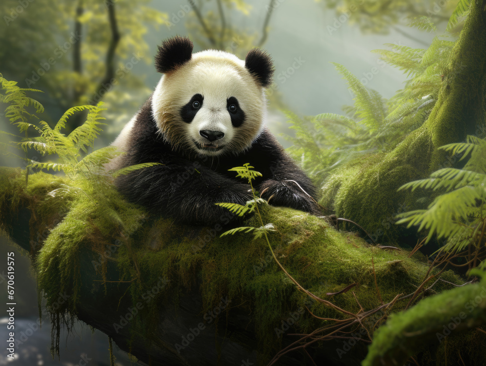 Portrait of a panda in its natural habitat.