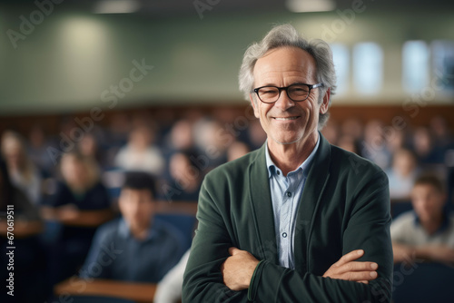 A male university professor in a lecture hall, standing at the lectern and engaging with the camera, professional photography