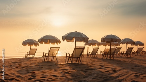 The first rays of sunrise illuminating a series of umbrellas and chairs, offering a serene start to the day.