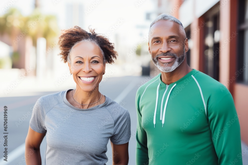 Mature African American couple in sports outfits looking at camera with energetic cheerful smile. Happy loving man and woman jogging or exercising outdoors. Healthy lifestyle in urban environment.