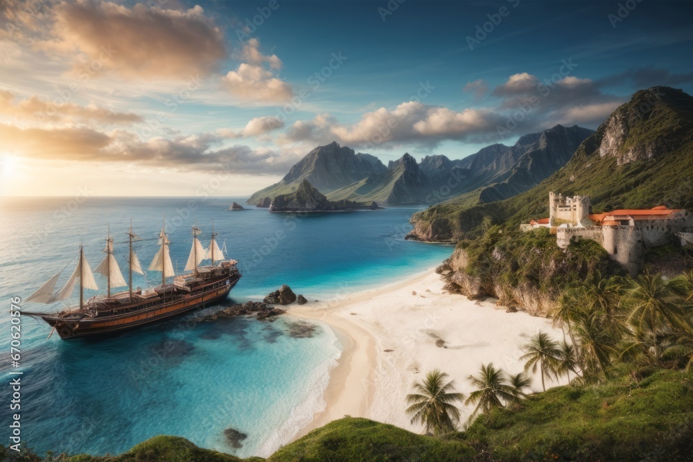 Beautiful island and sea with a ship at sunset