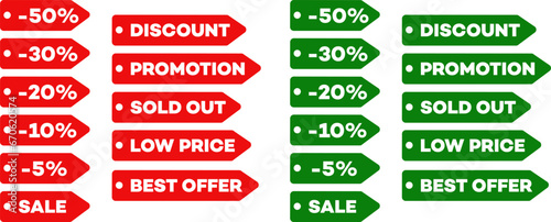 Discount tags set and promotion labels collection for online shop. 50% 30% 20% 10% 5% off. Sold out, low price and best offer stickers. In red and green.
