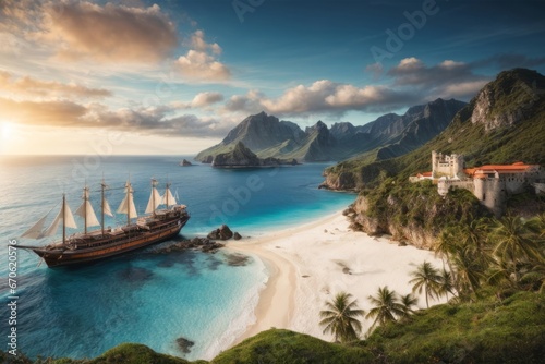 Beautiful island and sea with a ship at sunset