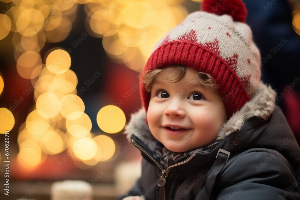 Happy small toddler boy at a Christmas market wearing warm hat and winter coat Happy small toddler boy at a Christmas market wearing warm hat and winter coat