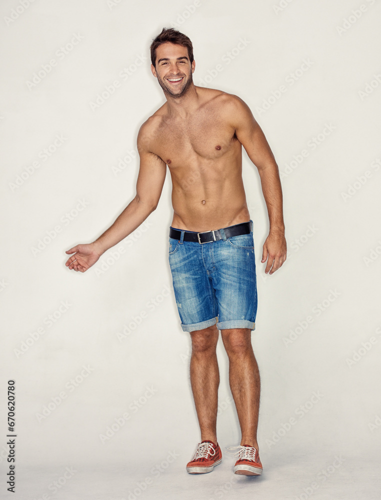 Smile, topless and portrait of man or model for fitness, sports or muscle on a studio background. Health, cool and a guy or person with abs or stomach from exercise, training or shorts on a backdrop Smile, topless and portrait of man or model for fitness, sports or muscle on a studio background. Health, cool and a guy or person with abs or stomach from exercise, training or shorts on a backdrop