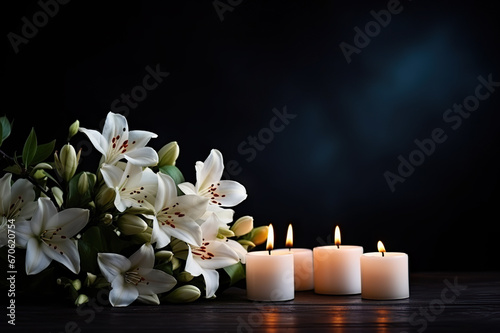 A Serene Tribute Beautiful Lily and Burning Candle on Dark Background with Space for Text, Honoring Funeral White Flowers. created with Generative AI photo