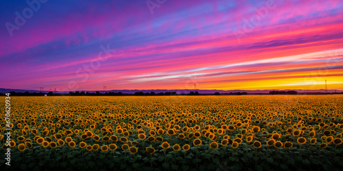 Incredible California Sunflower Field During Colorful Sunset 