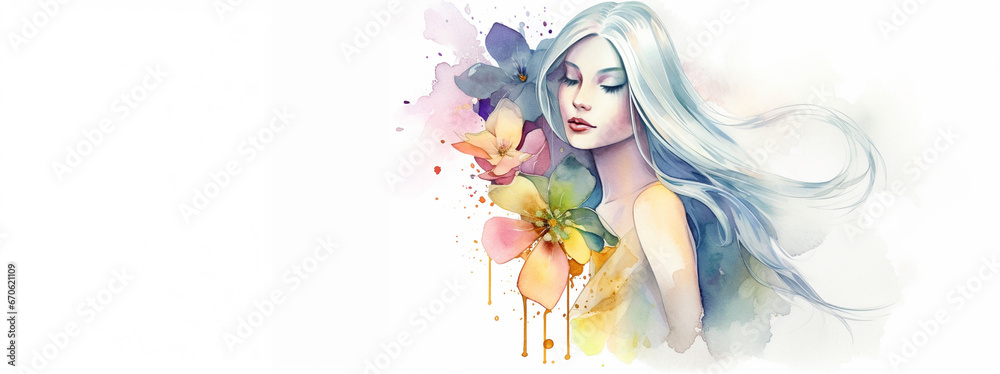 Woman with flowers on white background. AI Generated