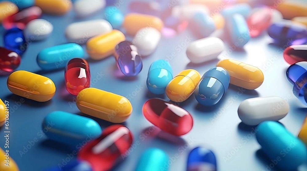 Many colorful pills on blue background, 3d illustration, Generative AI illustrations. Many colorful pills on blue background, 3d illustration, Generative AI illustrations.