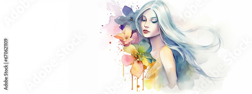 Woman with flowers on white background. AI Generated