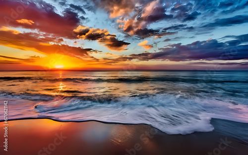 sunset on the beach, Ocean , vibrant, photo, sunrise, beach, landscape, ai generated 