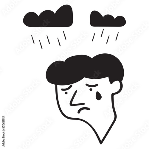 Depression and apathy concept, Crying young man. Loneliness concept. Vector outline illustration