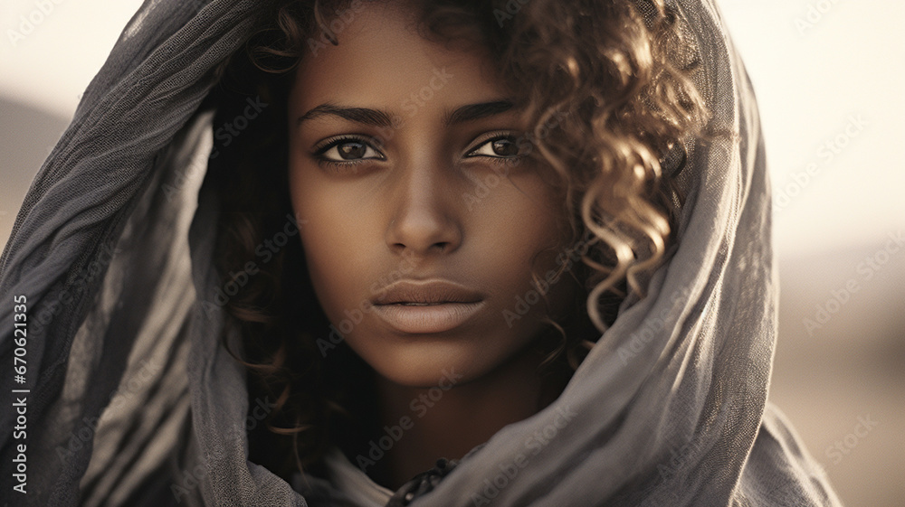 Naklejka premium Beautiful African fashion model wearing designer linen robes for a fashion shoot at sunset in the sahara.
