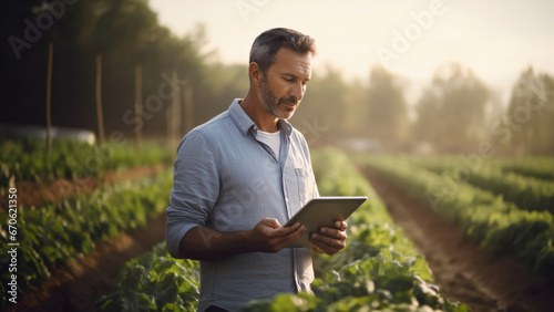 Man agronomist stands in a vegetable field, intently reviewing data on his tablet. Concept of blend of traditional farming and innovative technology, modern agricultural advancements, agritech