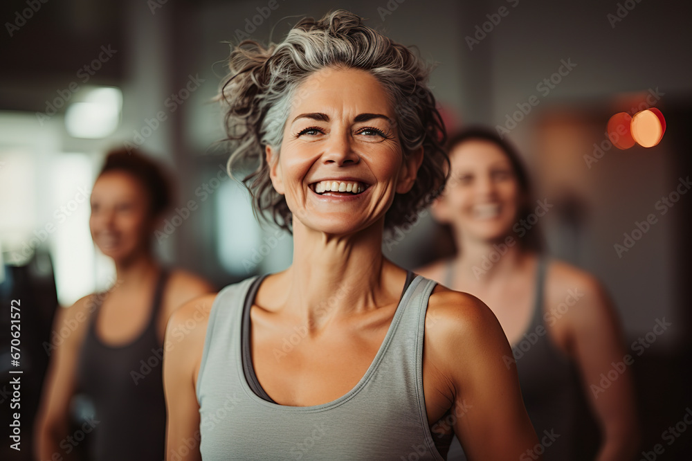 Active Lifestyle Embraced Middle-Aged Woman and Friends Express Their Passion for Sports in a Fitness Studio. created with Generative AI