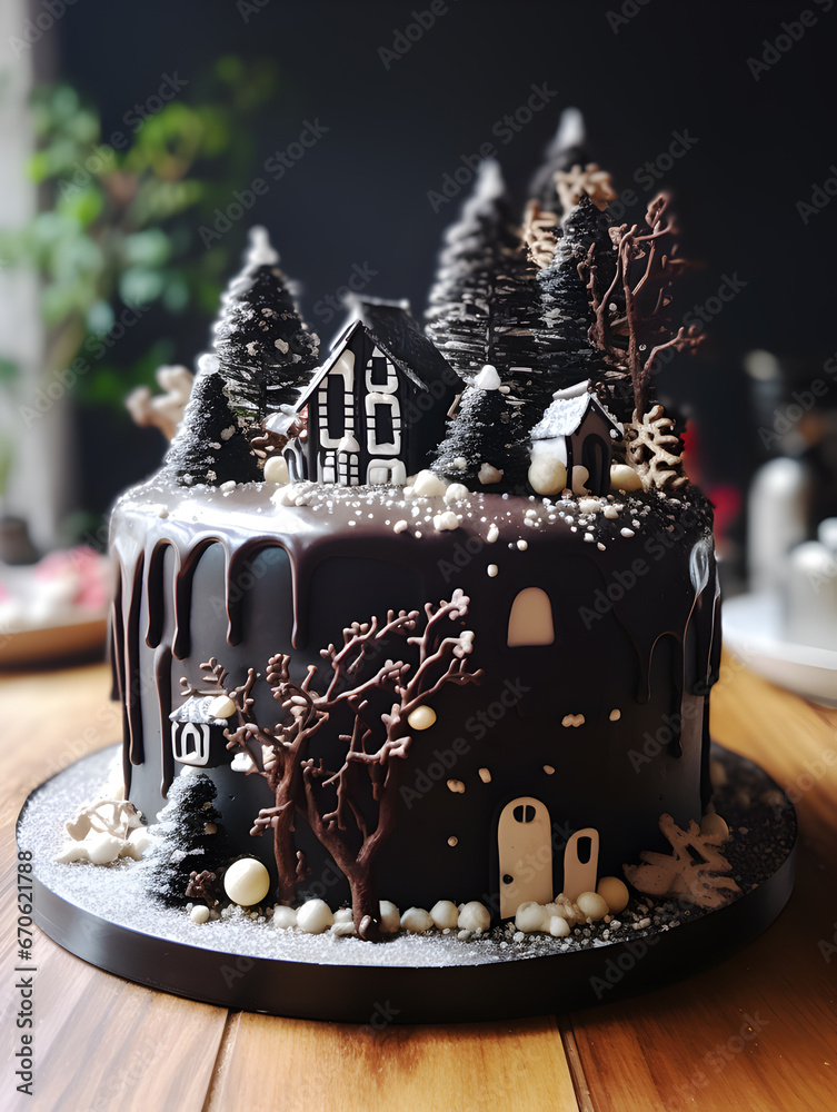 Artisan black cake with delicate fondant details, perfect for themed parties and celebrations.