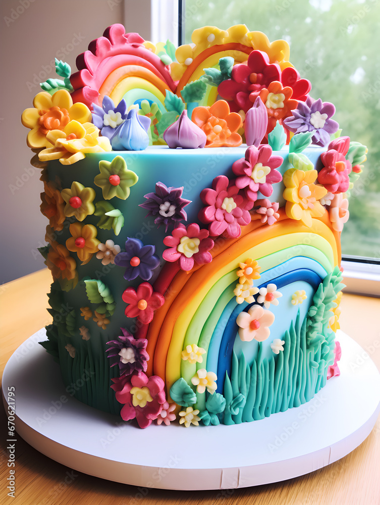 Pretty rainbow cake with marzipan decorations on a cake stand, perfect for celebrations and birthdays. Pretty rainbow cake with marzipan decorations on a cake stand, perfect for celebrations and birthdays.