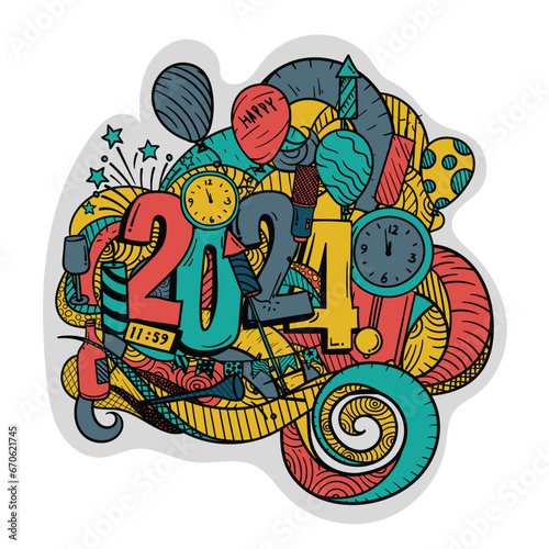 Doodle art of 2024 with floral and new year celebration in colorful design for new year design