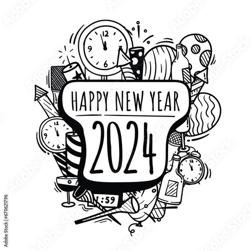 Doodle art of happy new year 2024 with new year celebration icons design