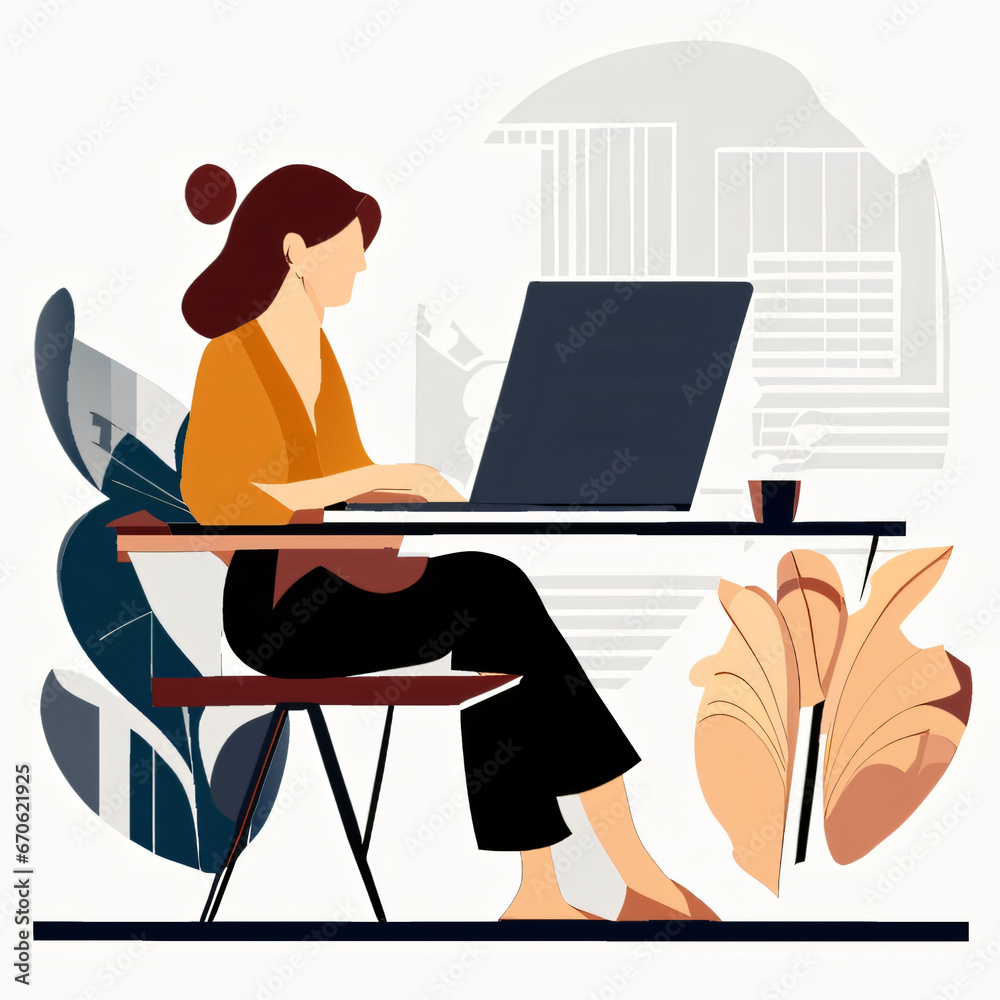 Flat illustration of a girl working on laptop, office, corporate memphis style, white background