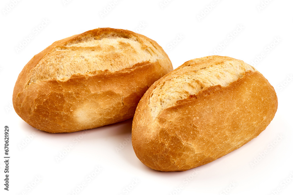 Freshly baked rustic buns, French rolls, isolated on white background. High resolution image.