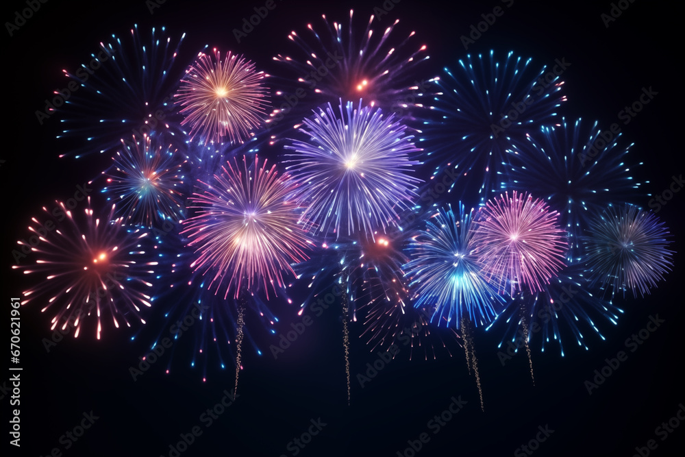 Background of fantastic colorful fireworks. Realistic image. Neon glittering. AI generated content.