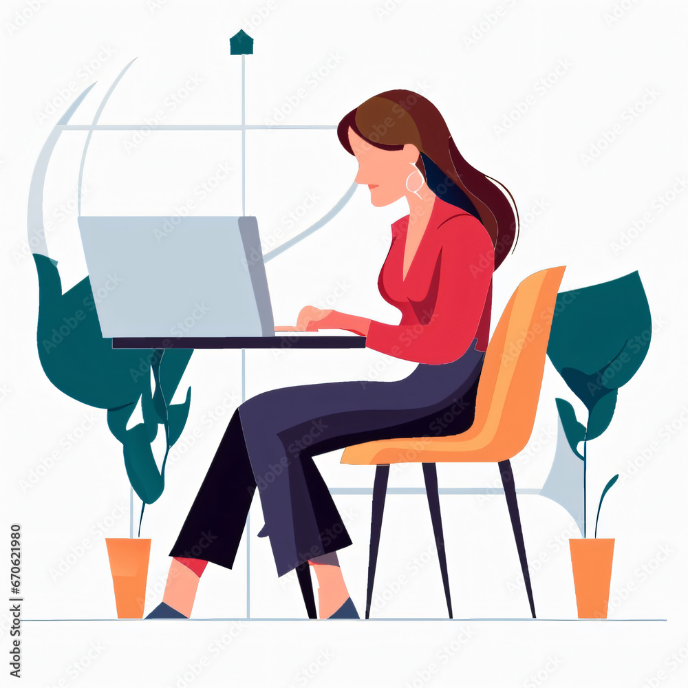 Flat illustration of a girl working on laptop, office, corporate memphis style, white background Flat illustration of a girl working on laptop, office, corporate memphis style, white background