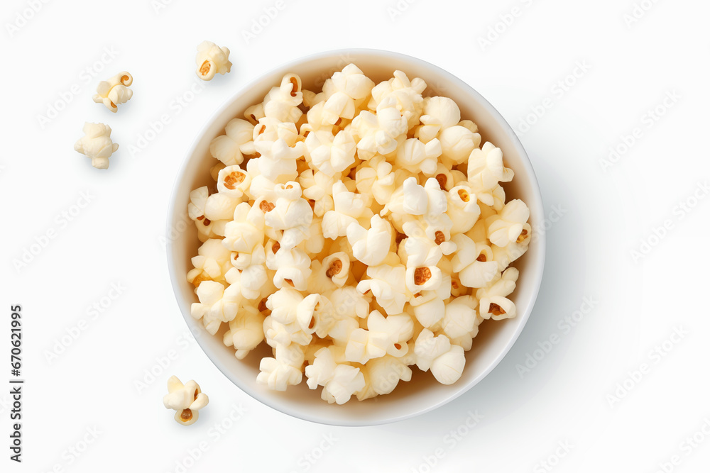 Top view image of a bowl of popcorn isolated on a white background. AI generated content. Top view image of a bowl of popcorn isolated on a white background. AI generated content.